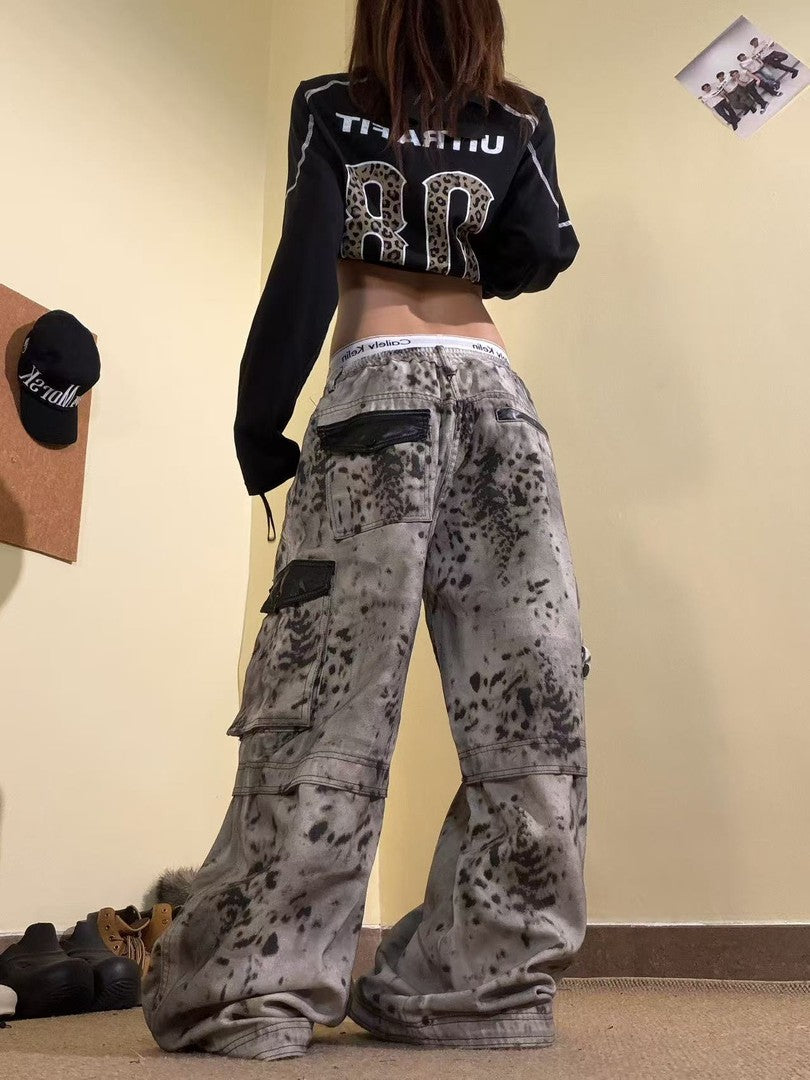 Ace Jolun Leopard‑Print Faux‑Leather Spliced Multi‑Pocket Cargo Pants