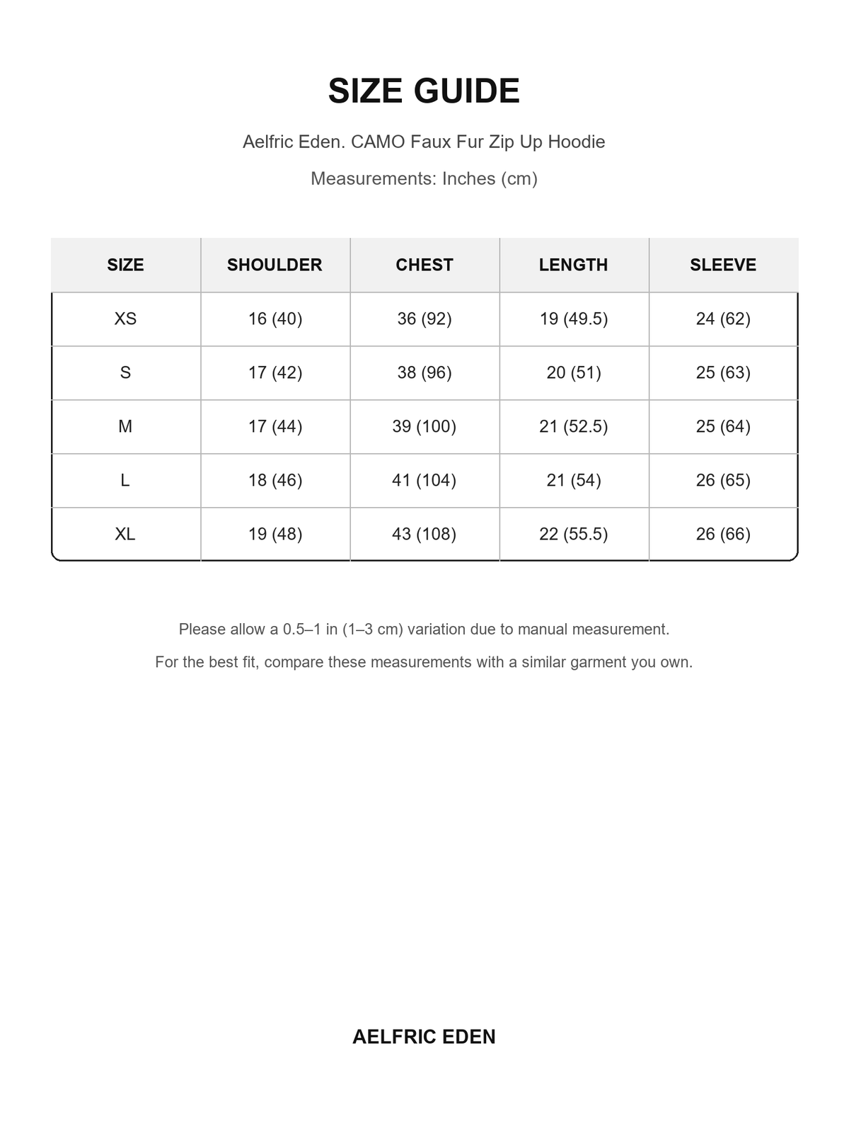 Aelfric Eden 64 size guide — Inches (cm)