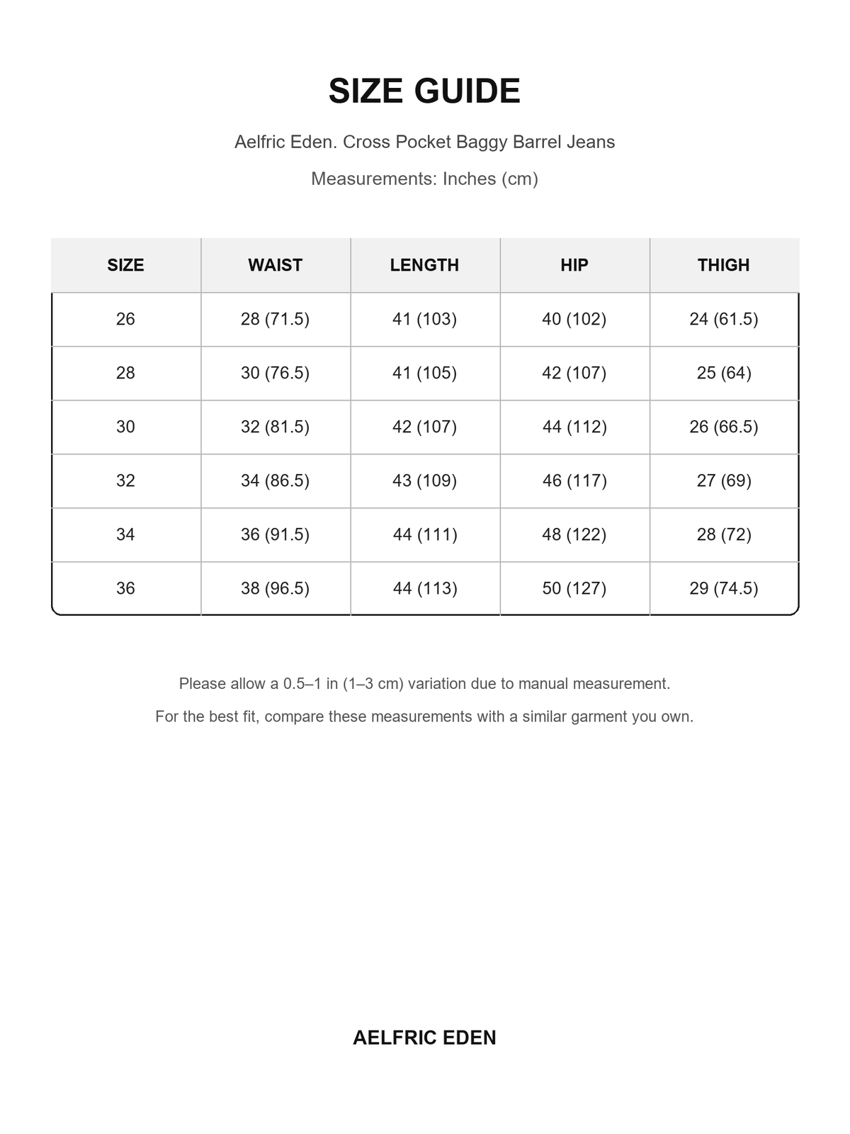 Aelfric Eden 69 size guide — Inches (cm)