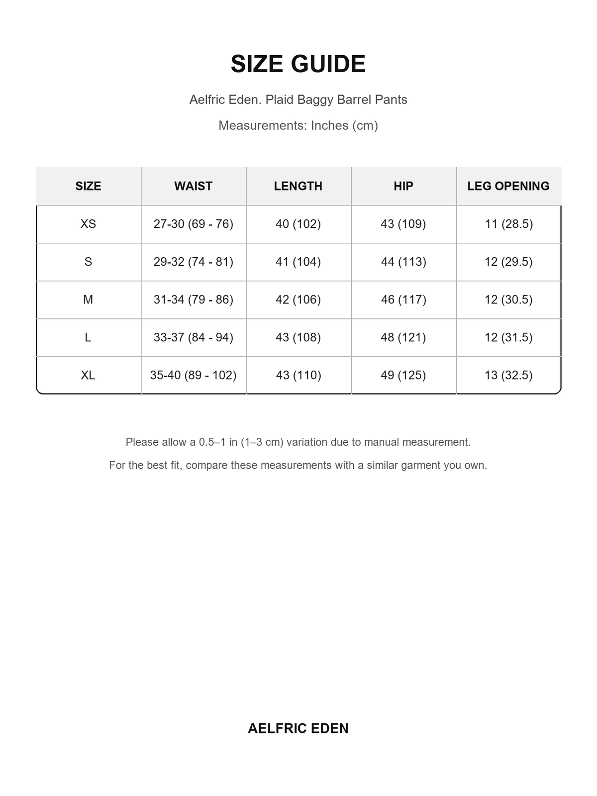 Aelfric Eden 80 size guide — Inches (cm)
