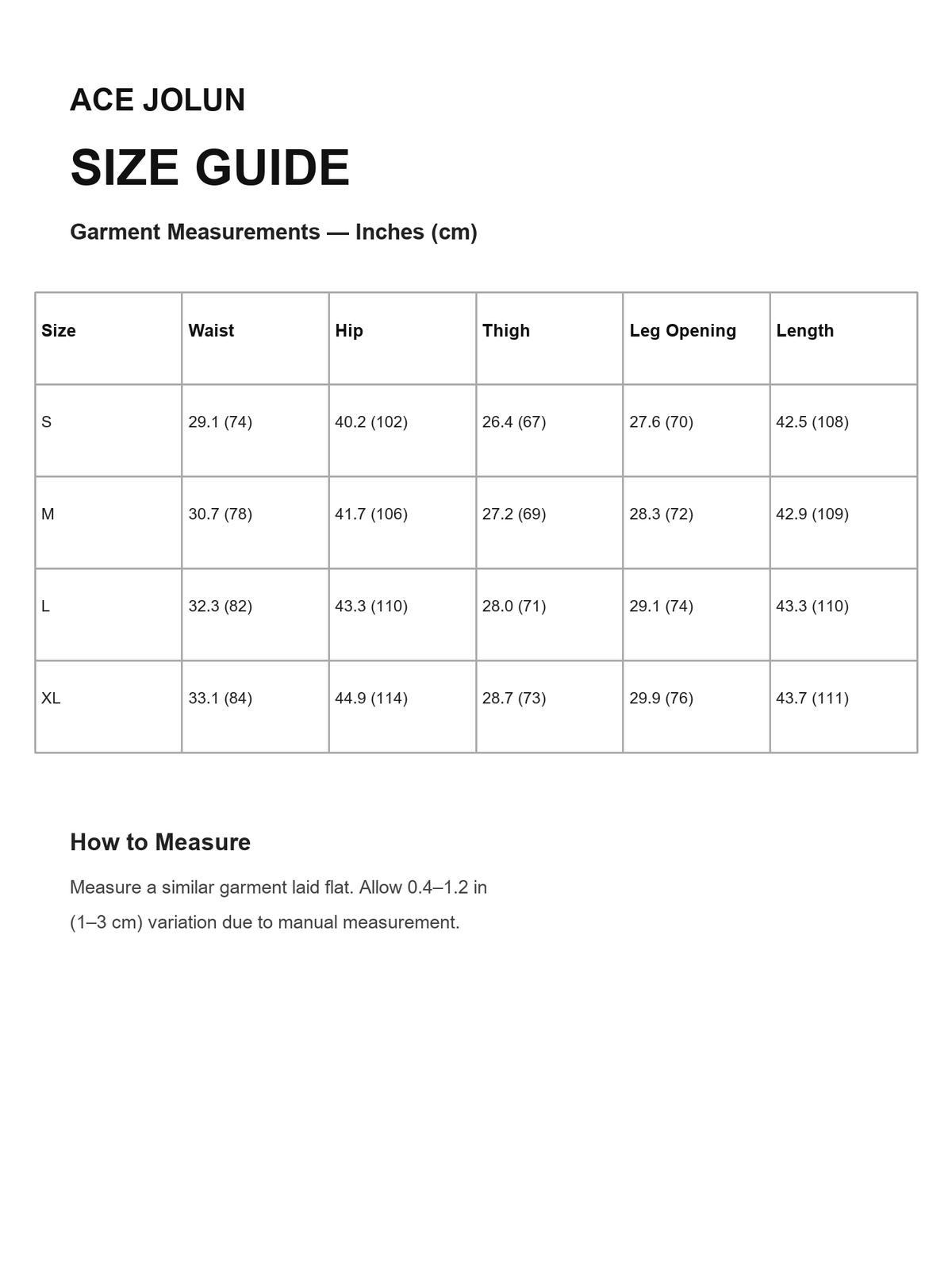 Ace Jolun size guide for Contrast Panel Dirty-Wash Jeans