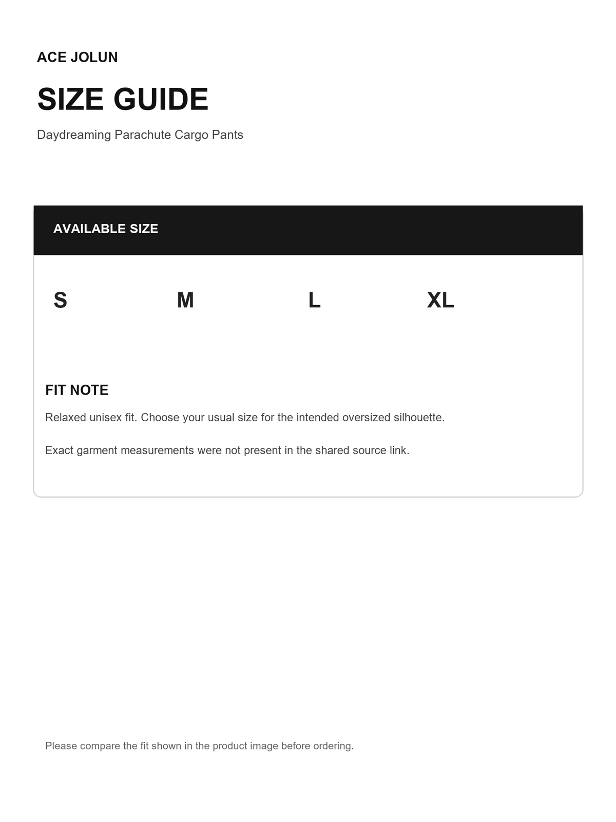 Daydreaming Parachute Cargo Pants size guide