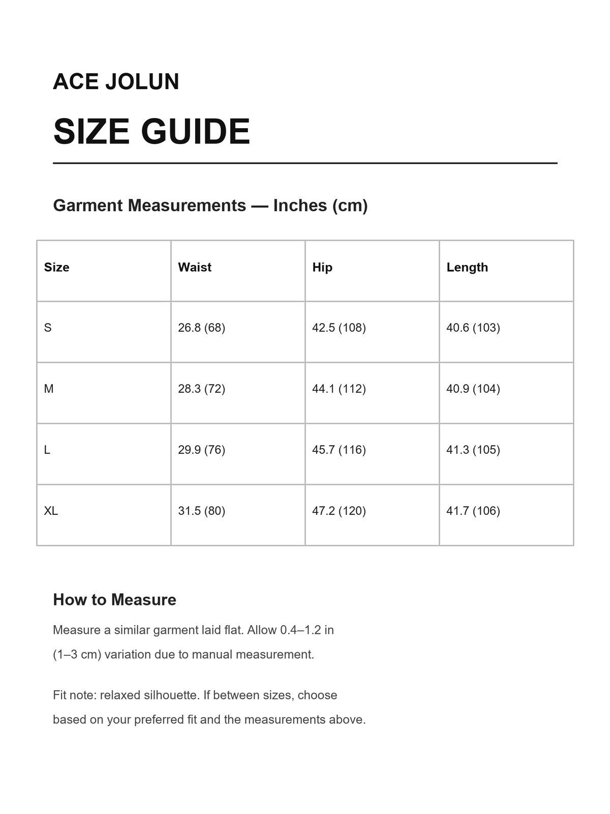 Ace Jolun size guide for distressed barrel-leg jeans