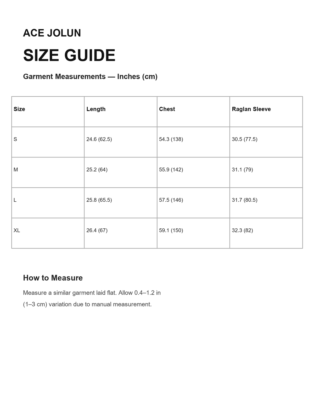 Ace Jolun size guide for Quilted Camo Bomber Jacket
