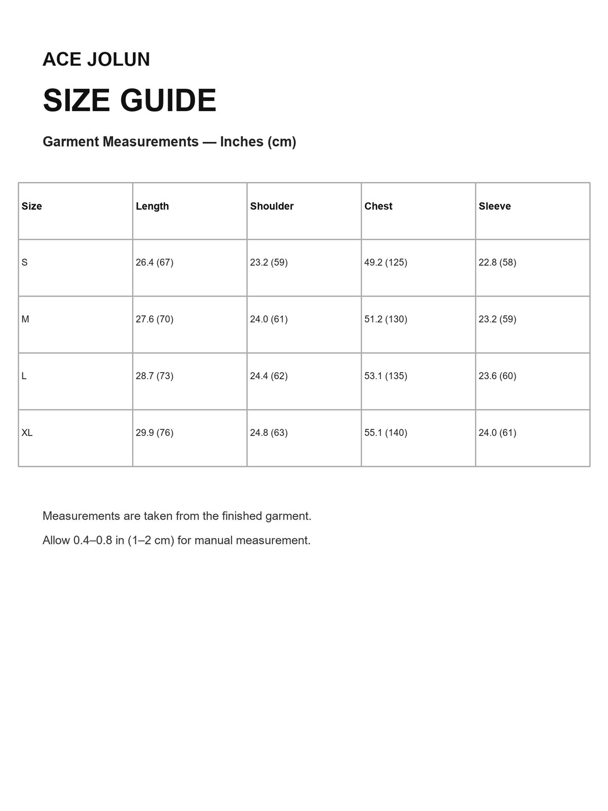 Ace Jolun size guide for Tokyo Graphic Long-Sleeve Tee