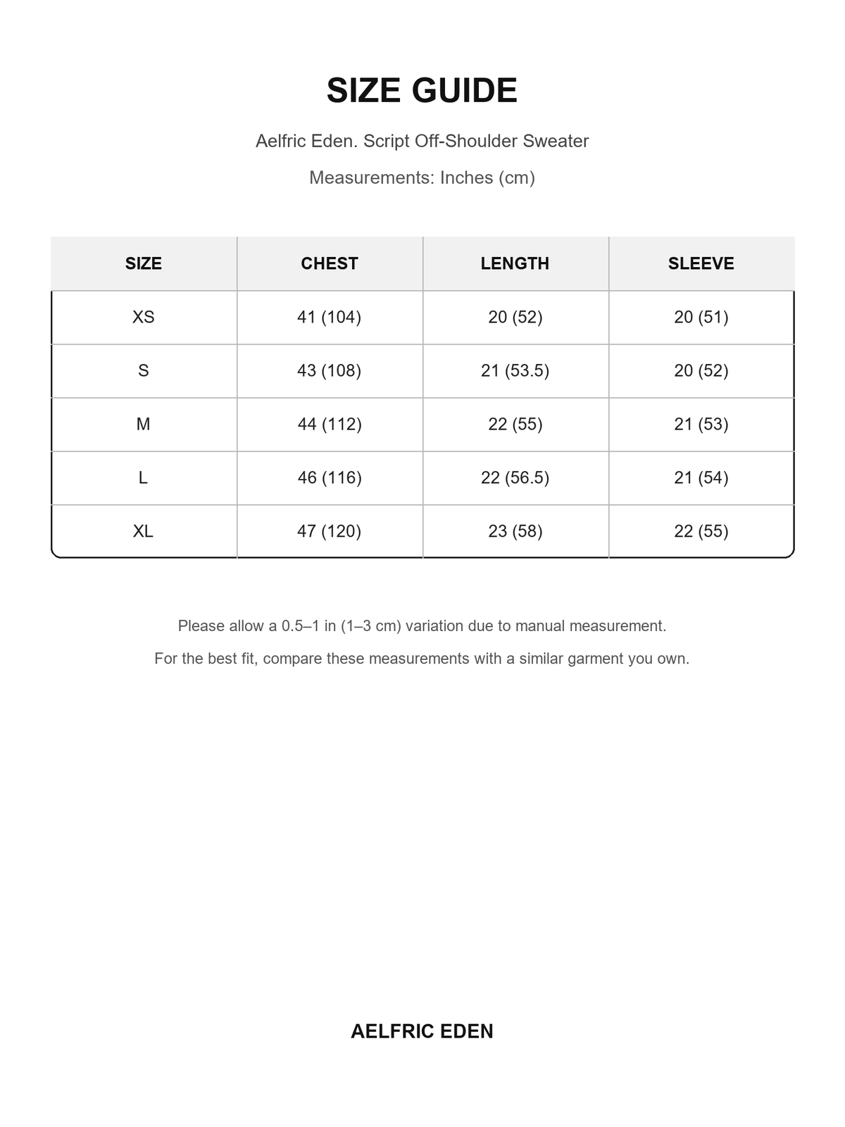 Aelfric Eden 2 size guide — Inches (cm)