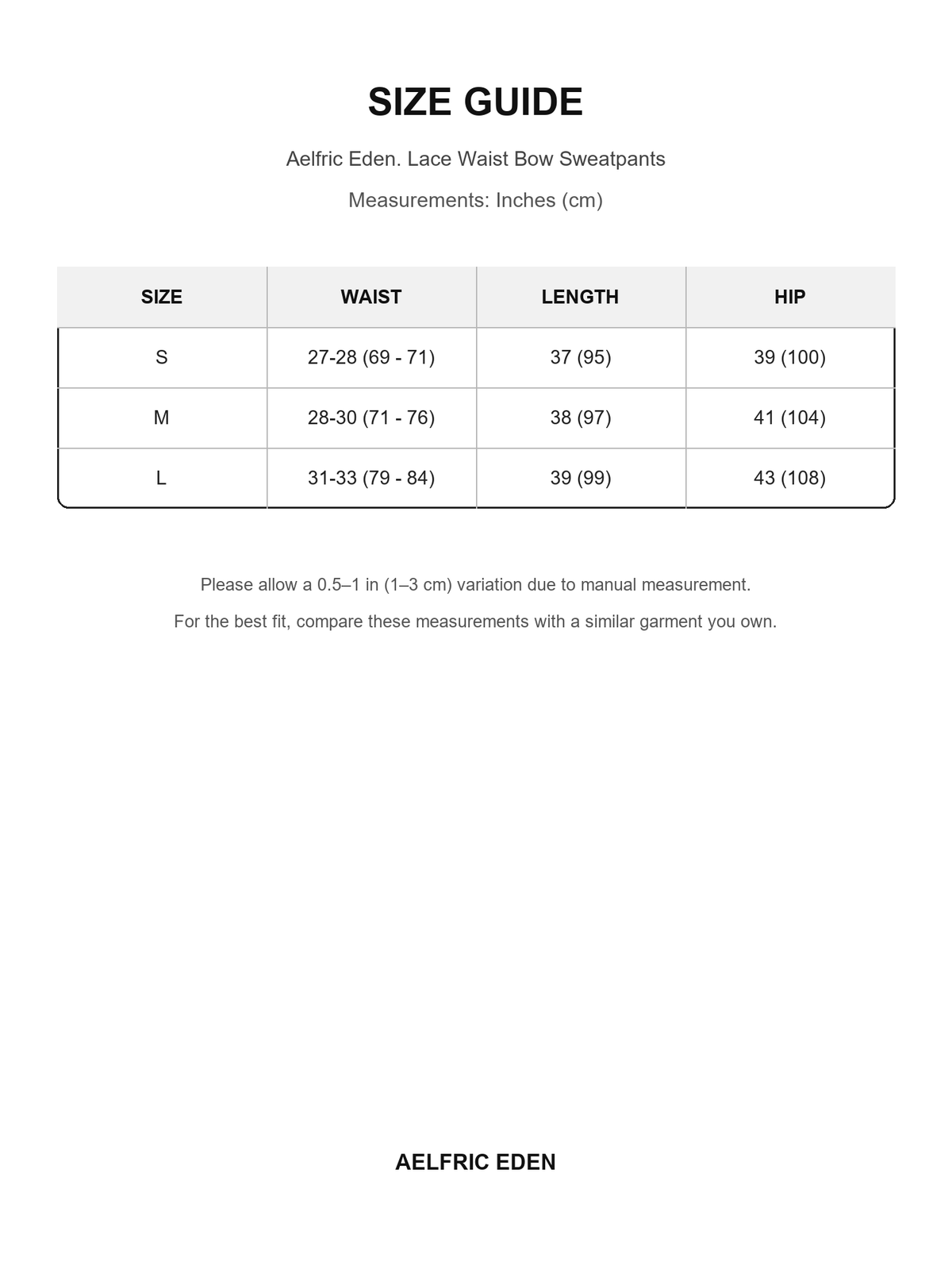 Aelfric Eden 4 size guide — Inches (cm)