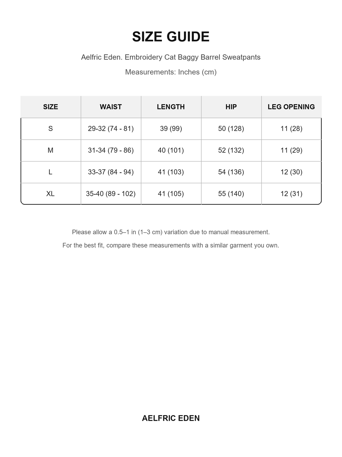 Aelfric Eden 5 size guide — Inches (cm)