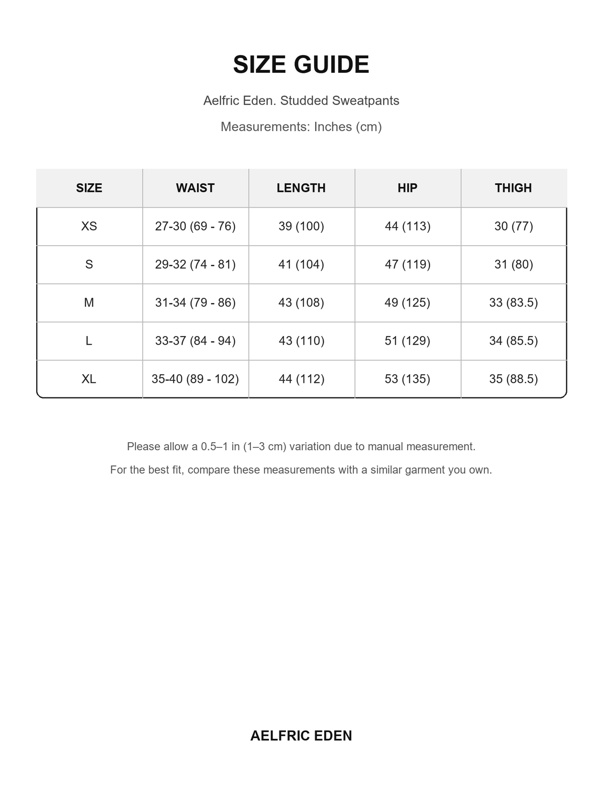 Aelfric Eden 7 size guide — Inches (cm)