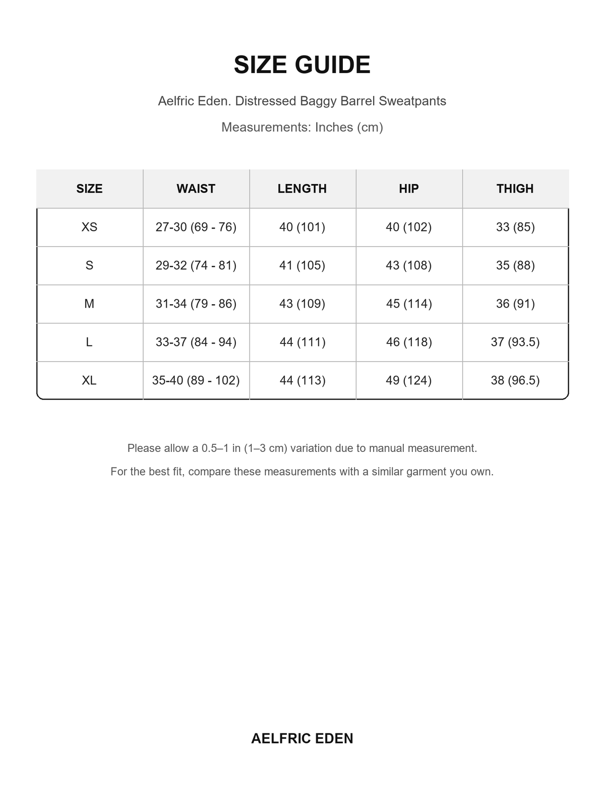 Aelfric Eden 8 size guide — Inches (cm)