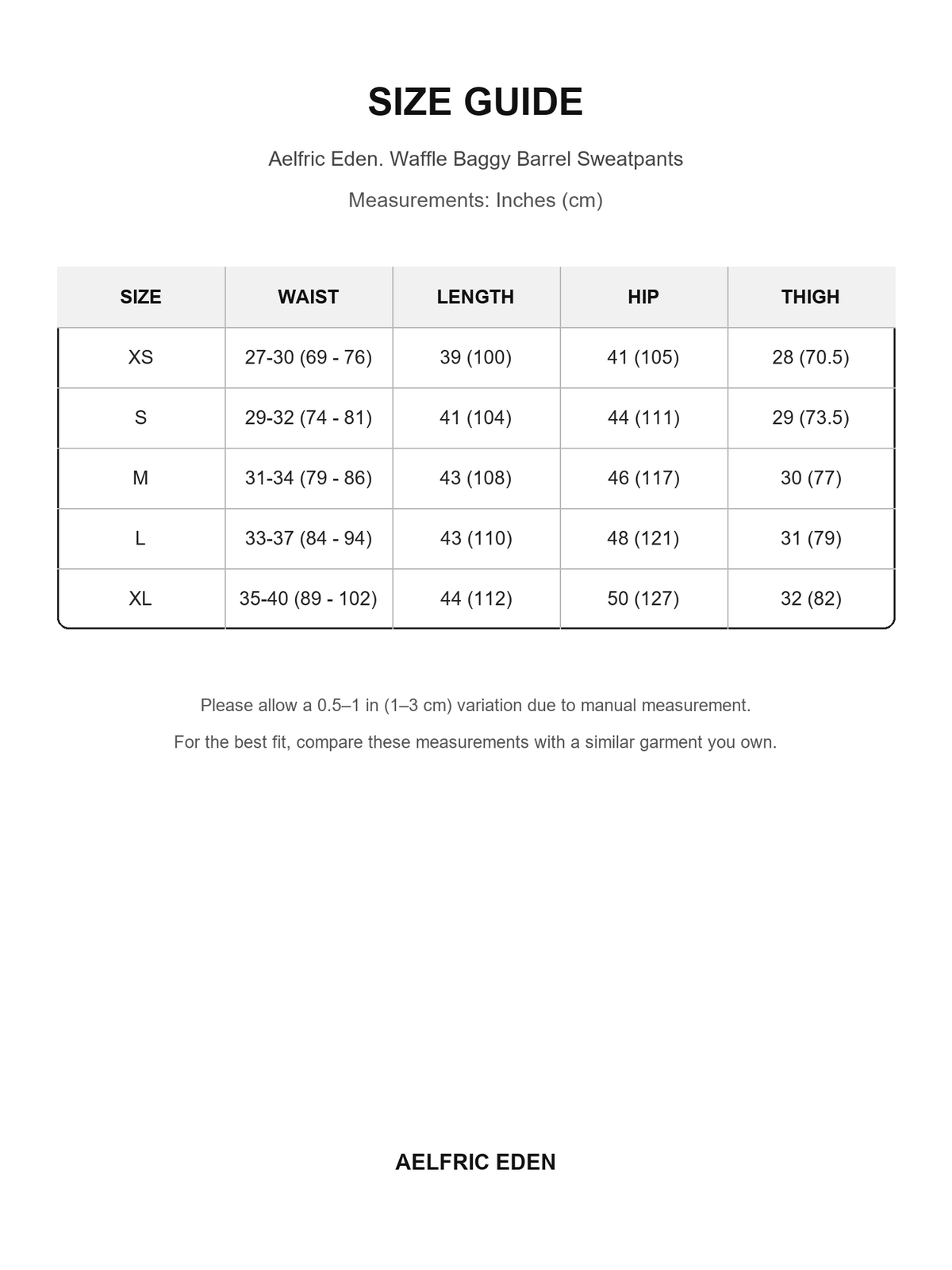 Aelfric Eden 9 size guide — Inches (cm)