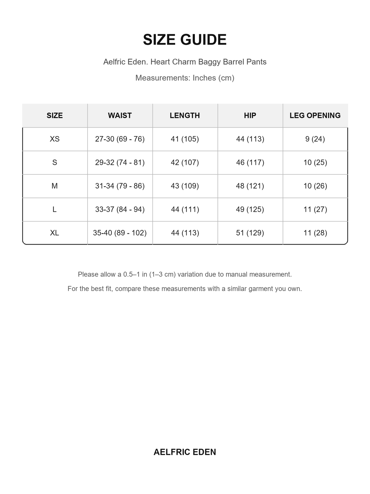 Aelfric Eden 15 size guide — Inches (cm)