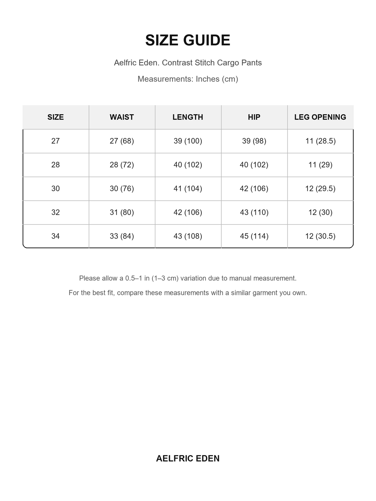 Aelfric Eden 17 size guide — Inches (cm)