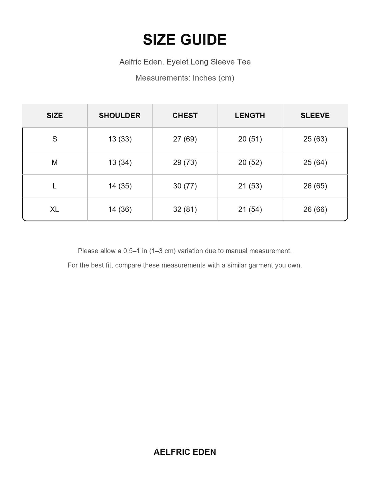 Aelfric Eden 19 size guide — Inches (cm)