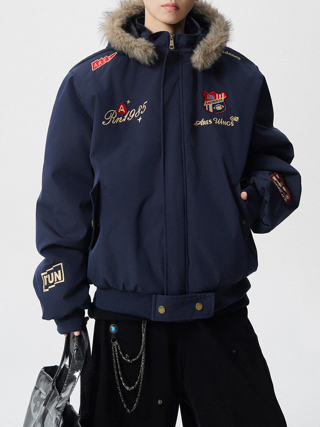 Ace Jolun Vintage Badge‑Embroidered Fur‑Trim Hooded Padded Jacket
