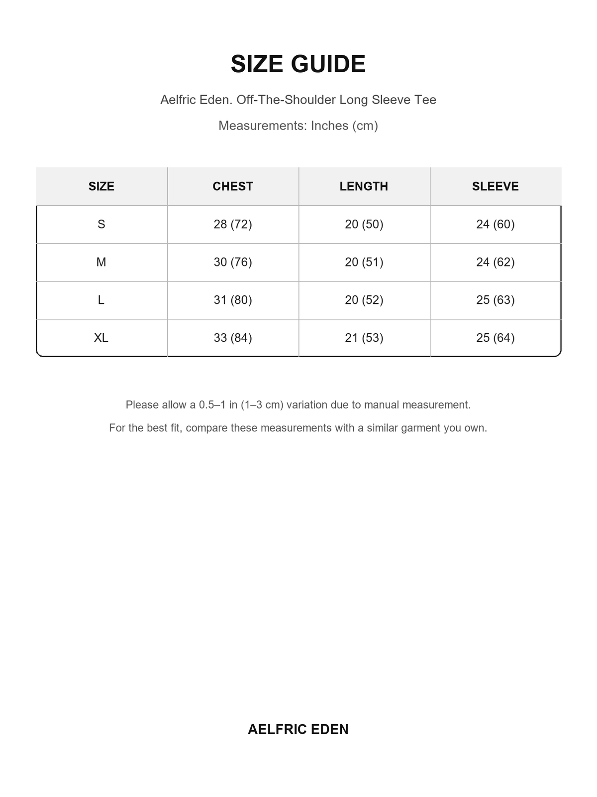 Aelfric Eden 20 size guide — Inches (cm)