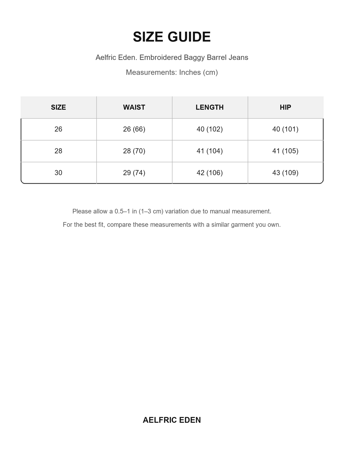 Aelfric Eden 22 size guide — Inches (cm)