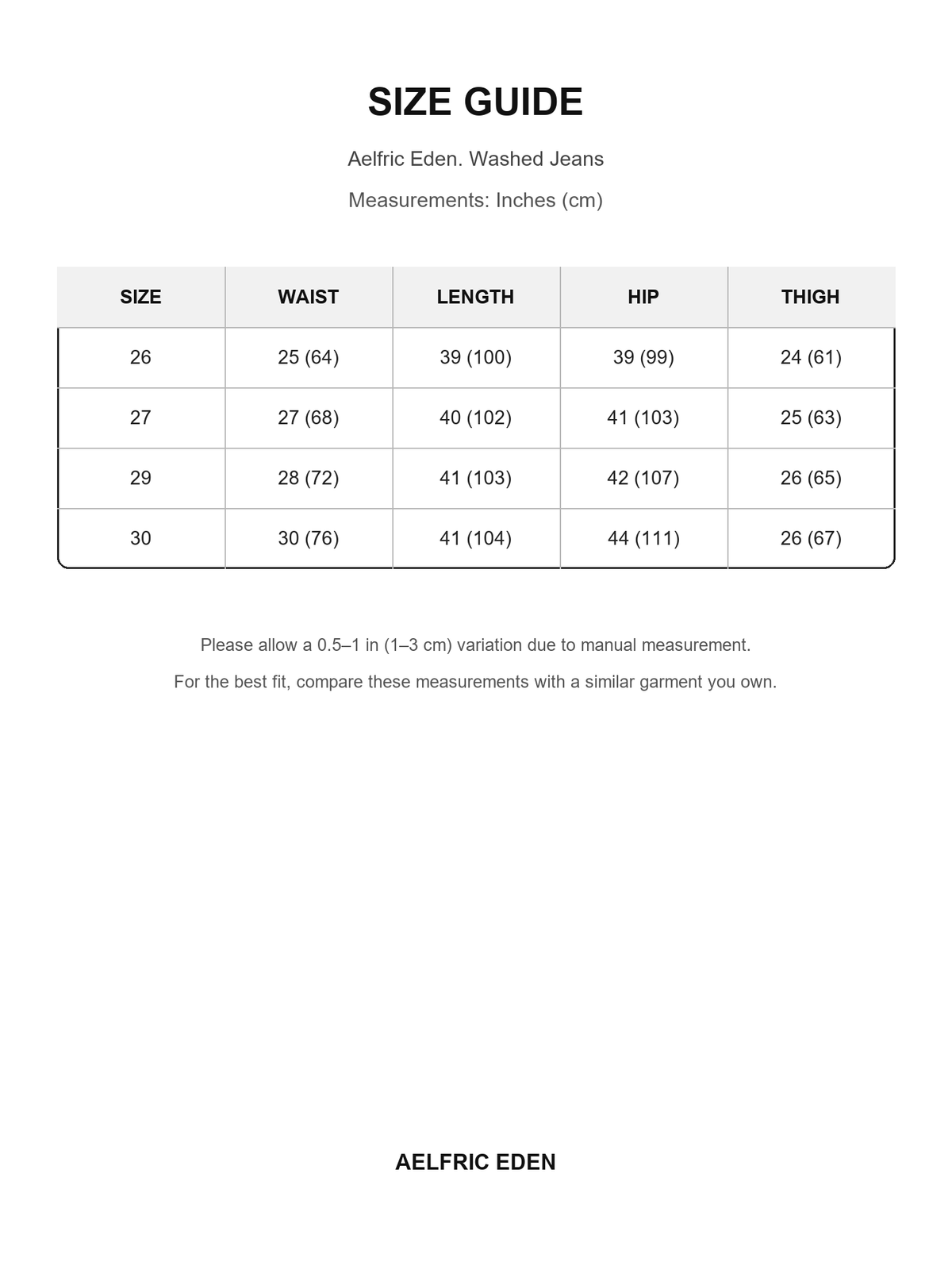 Aelfric Eden 23 size guide — Inches (cm)
