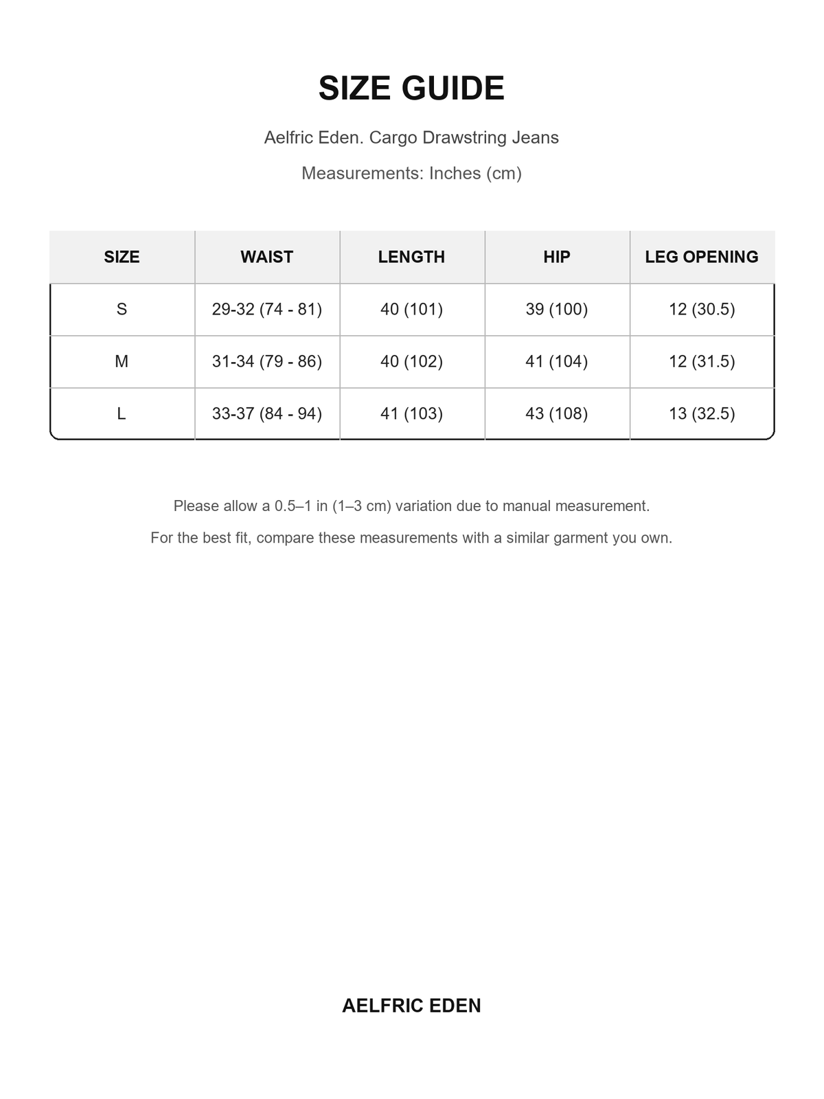 Aelfric Eden 24 size guide — Inches (cm)