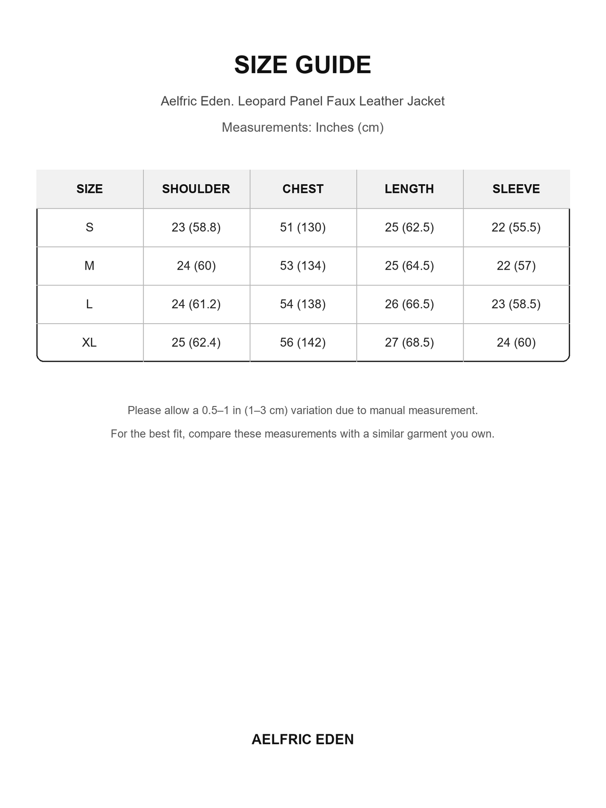 Aelfric Eden 26 size guide — Inches (cm)