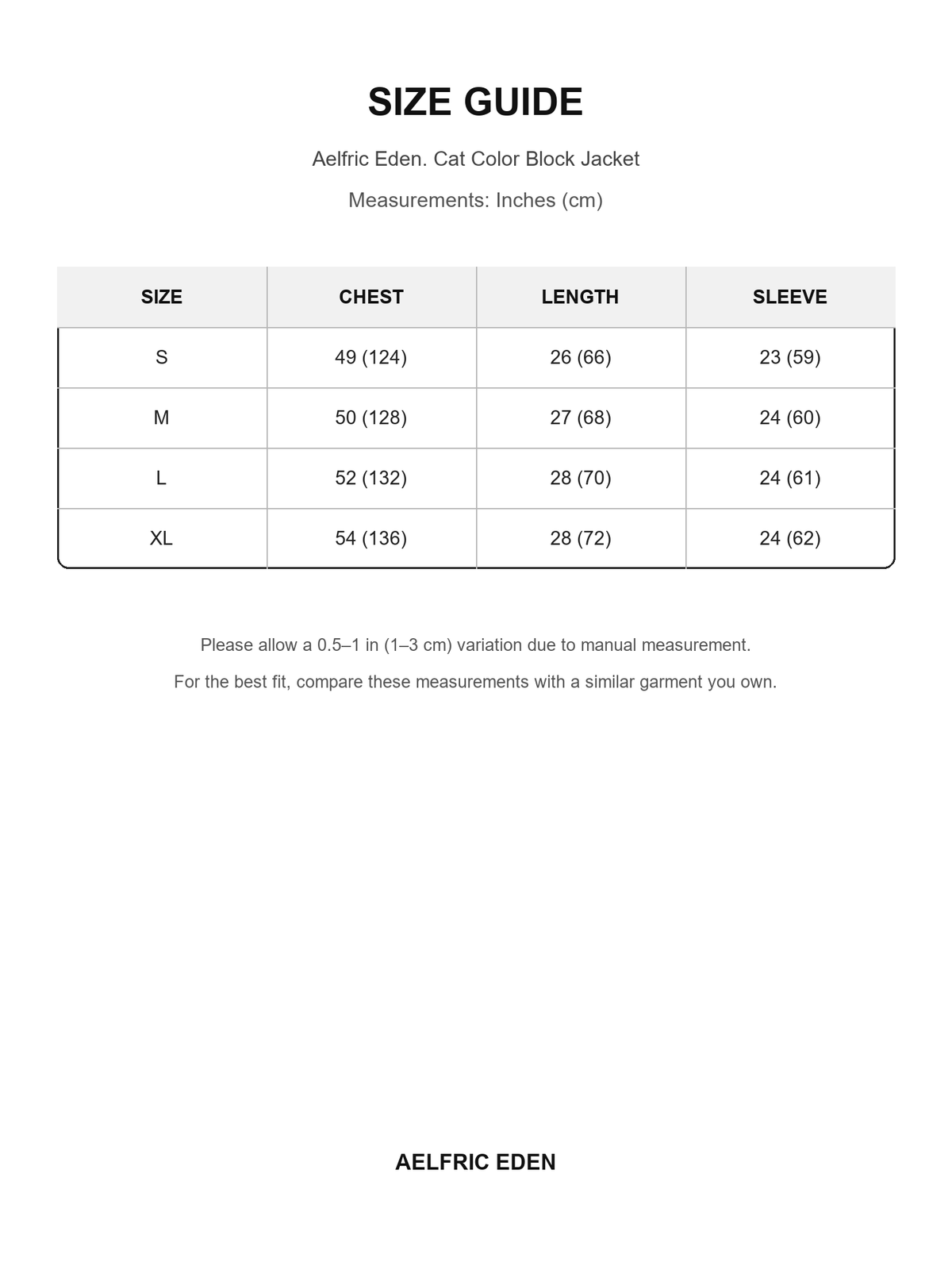 Aelfric Eden 29 size guide — Inches (cm)