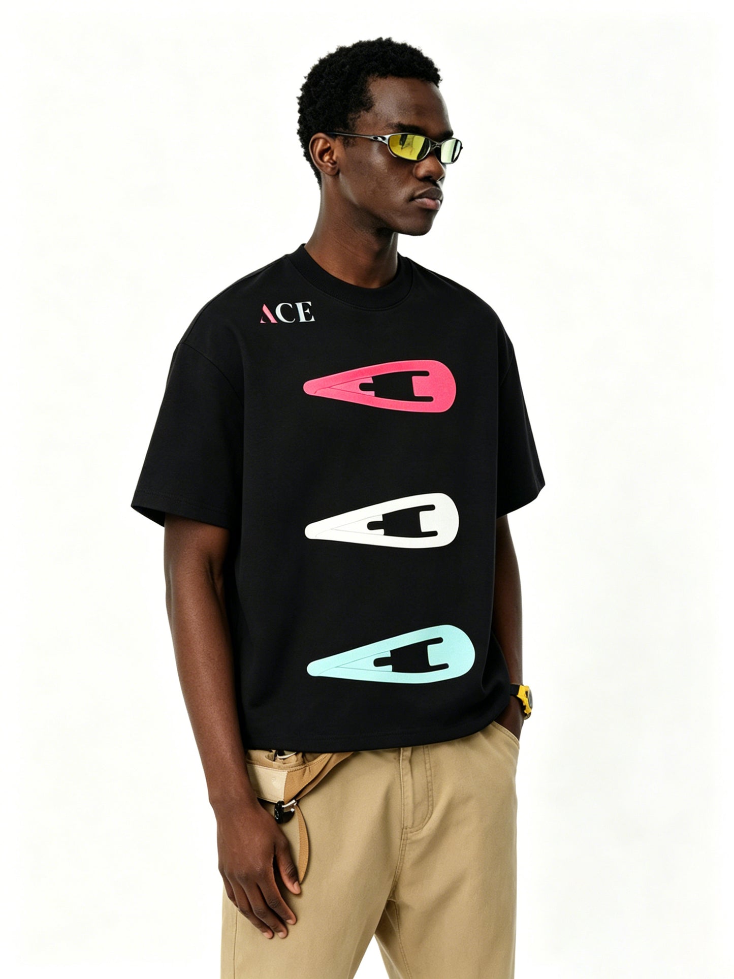 ACE Multicolor Hair Clip 3D Puff Print Oversize Unisex Cotton Tee