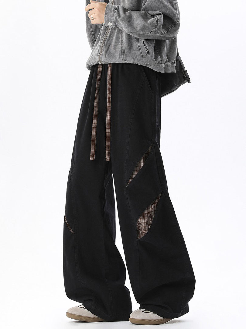 Ace Jolun Plaid Color‑Block Spliced Slim‑Fit Curved‑Cut Wide‑Leg Pants