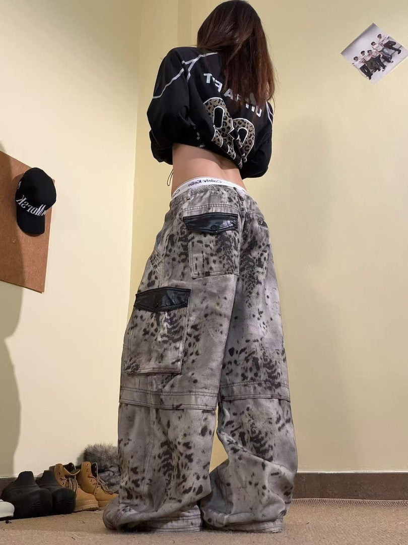 Ace Jolun Leopard‑Print Faux‑Leather Spliced Multi‑Pocket Cargo Pants