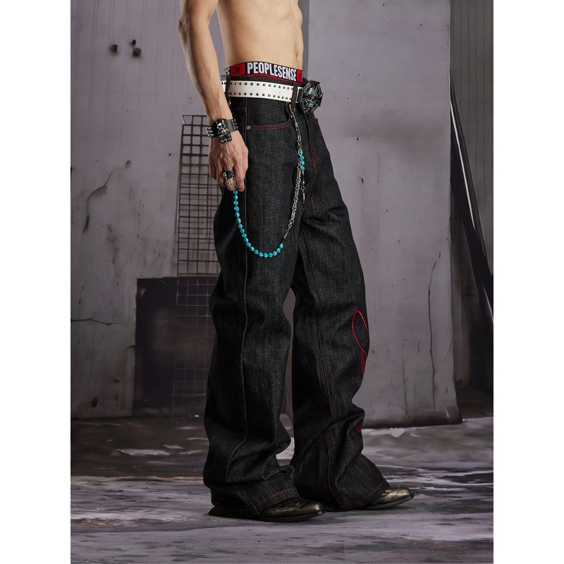 Ace Jolun Alternative Streetwear Black‑Red Color‑Block Embroidered Jeans