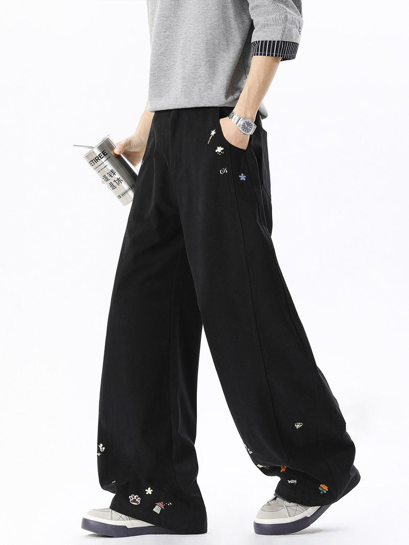 Ace Jolun Street‑Brand Cartoon‑Embroidered Curved‑Cut Cargo Pants