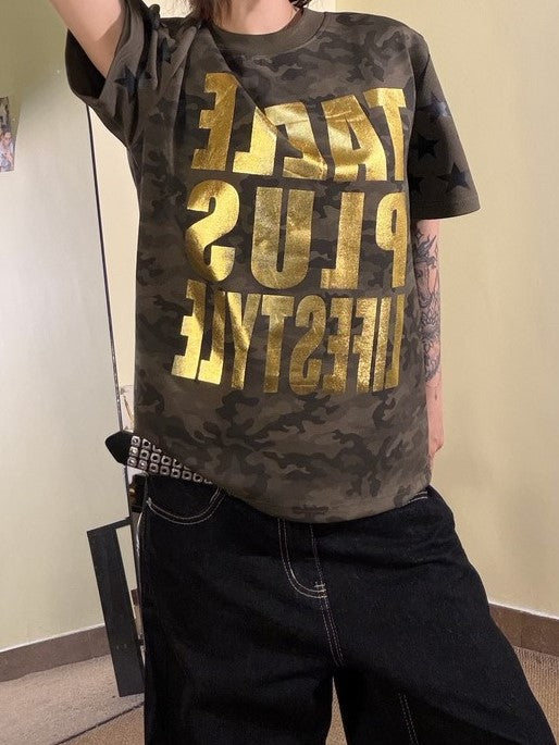 Ace Jolun Camouflage Gold‑Foil‑Print Star Soft‑Alt‑Style T‑Shirt
