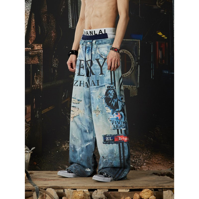 Ace Jolun 【New Arrival】Triple‑Waistband 3D‑Print Street‑Sport Loose Wide‑Leg Pants
