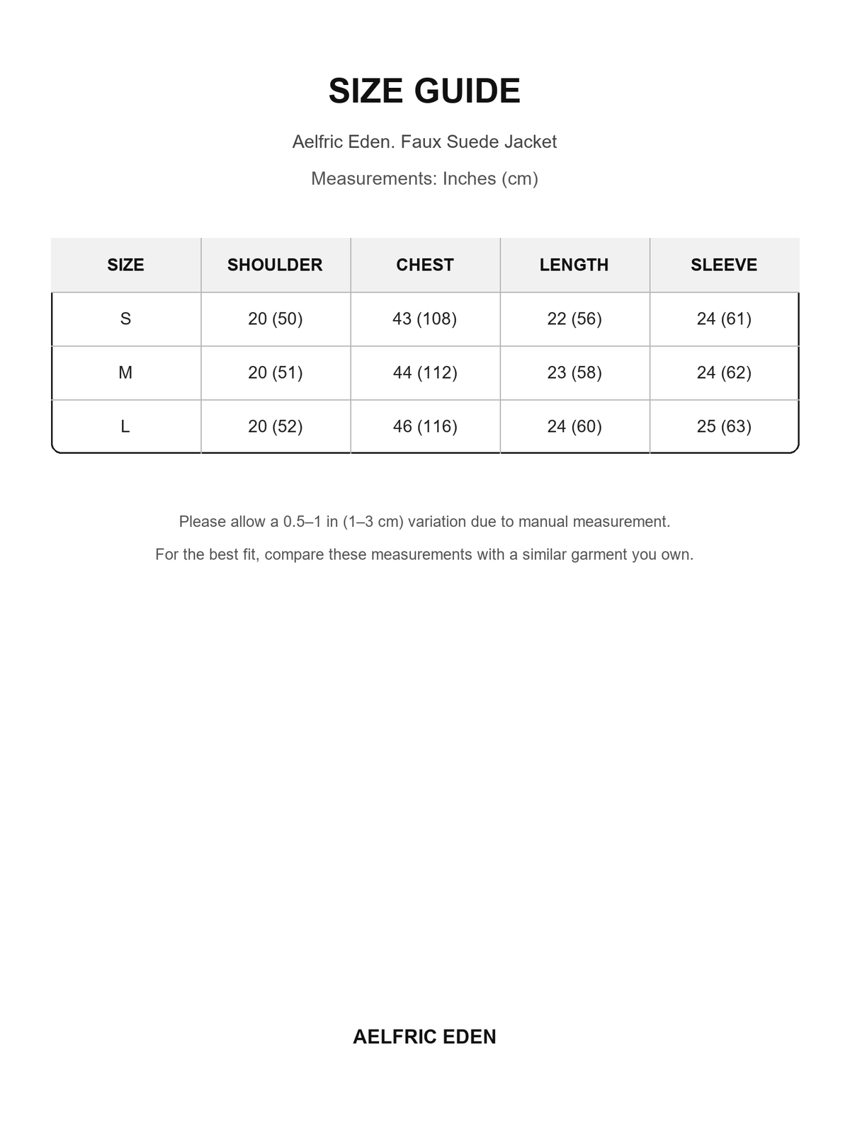 Aelfric Eden 30 size guide — Inches (cm)