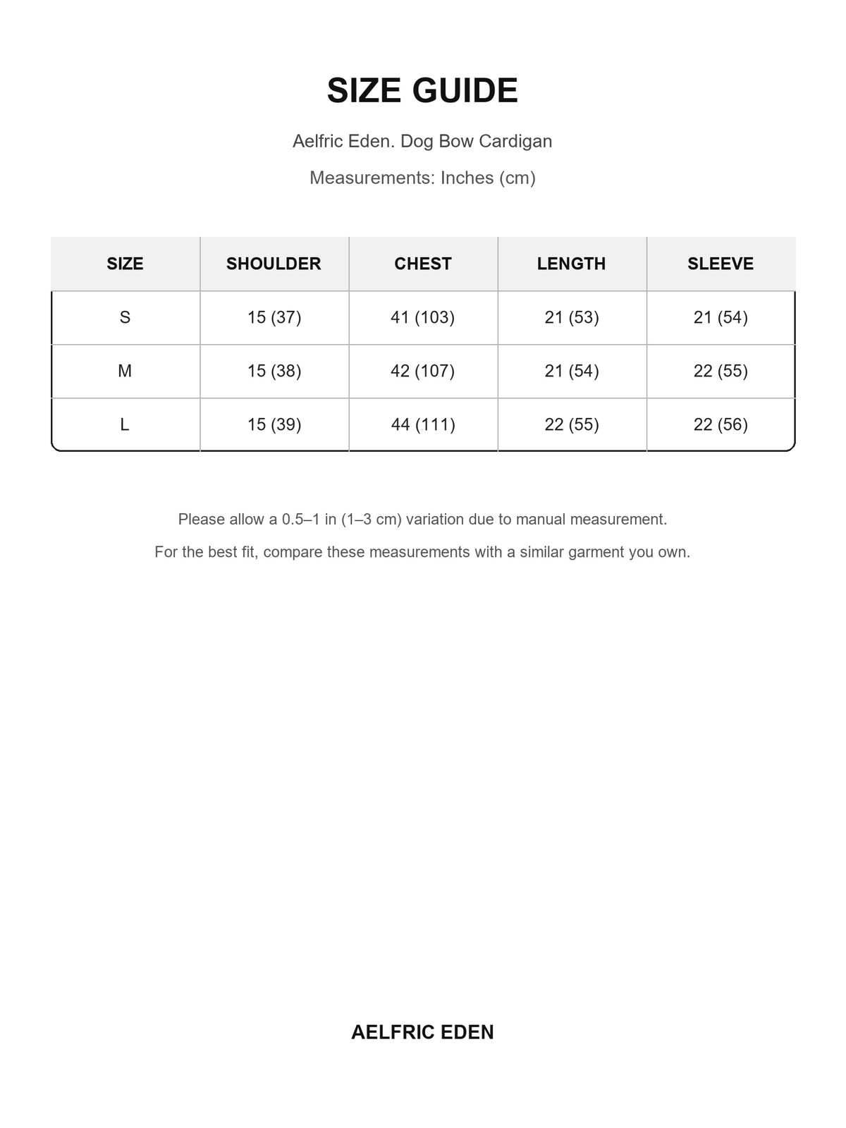 Aelfric Eden 33 size guide — Inches (cm)
