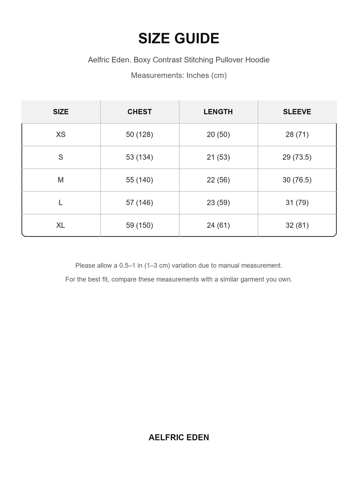 Aelfric Eden 34 size guide — Inches (cm)