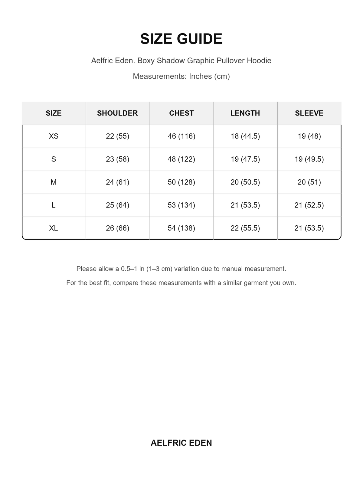 Aelfric Eden 36 size guide — Inches (cm)