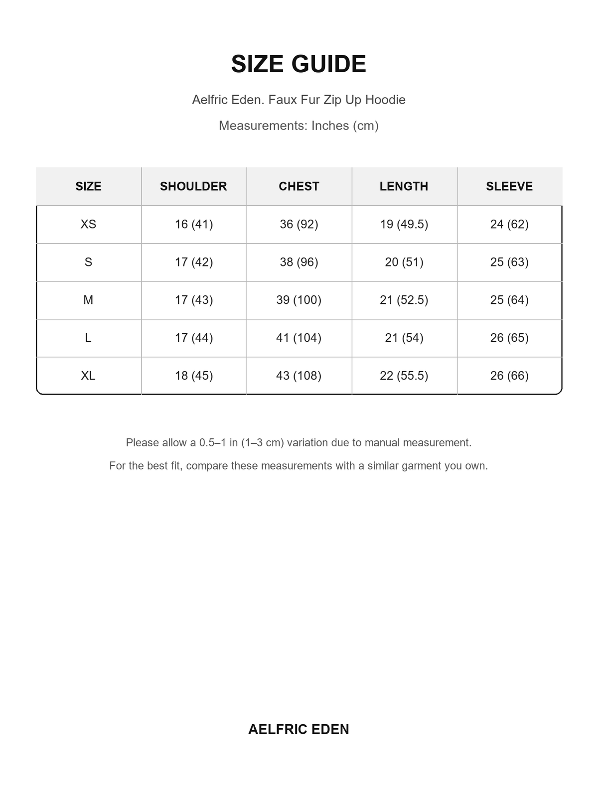 Aelfric Eden 38 size guide — Inches (cm)