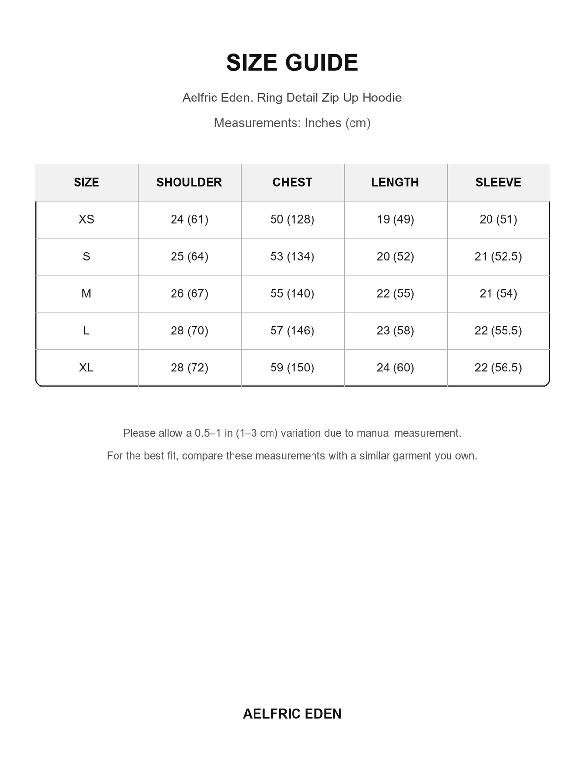Aelfric Eden 39 size guide — Inches (cm)