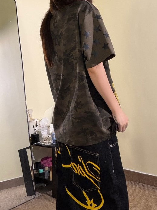 Ace Jolun Camouflage Gold‑Foil‑Print Star Soft‑Alt‑Style T‑Shirt