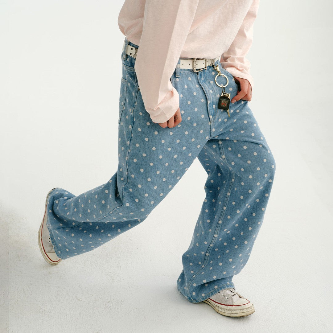 Ace Jolun Vintage Polka‑Dot Printed Washed‑Distressed Jeans