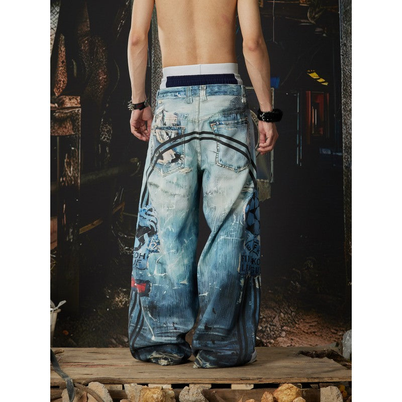 Ace Jolun 【New Arrival】Triple‑Waistband 3D‑Print Street‑Sport Loose Wide‑Leg Pants