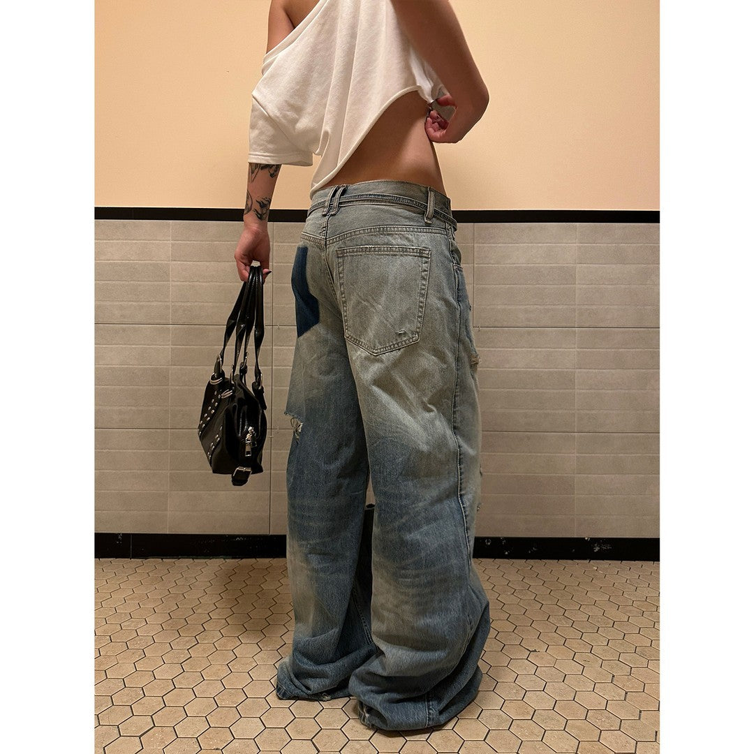 Ace Jolun Washed Whiskered Ripped Curved‑Cut Jeans