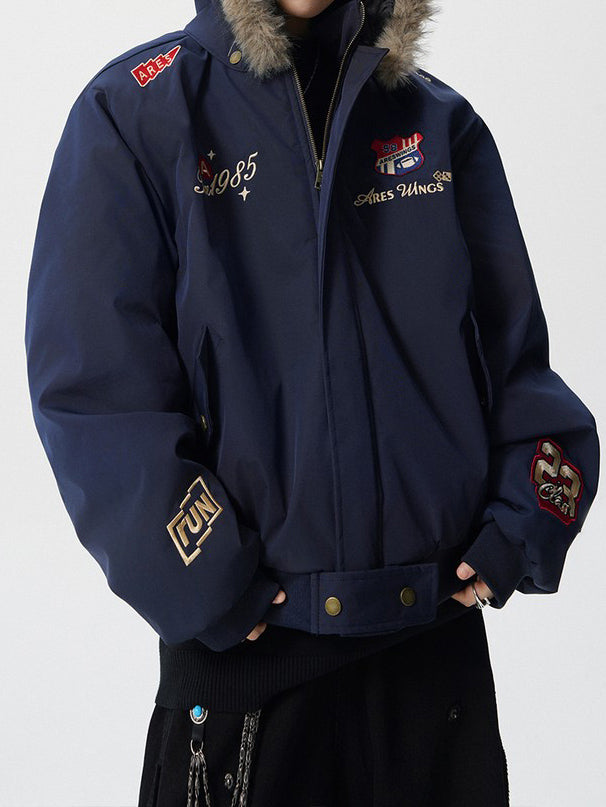 Ace Jolun Vintage Badge‑Embroidered Fur‑Trim Hooded Padded Jacket