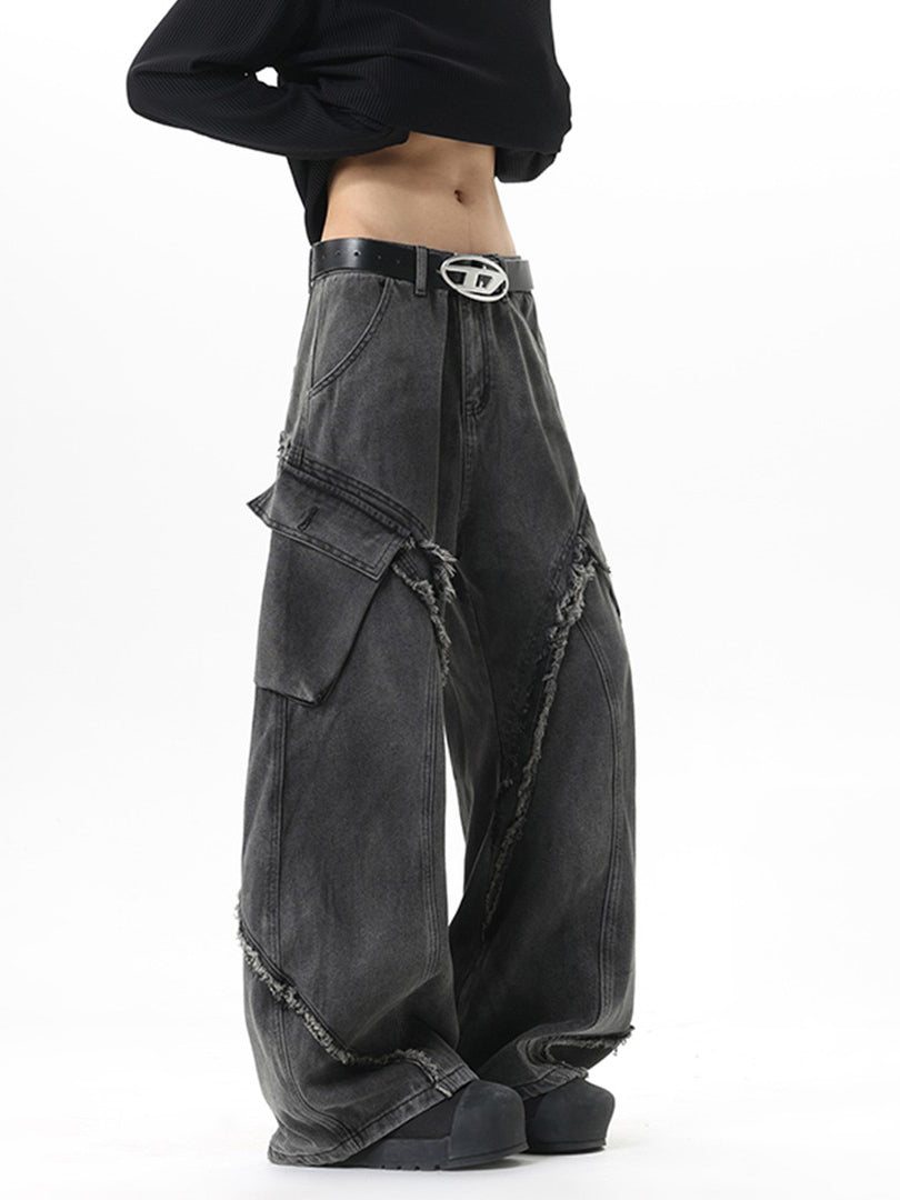 Ace Jolun Washed‑Finish Raw‑Edge Curved‑Cut Silhouette Jeans