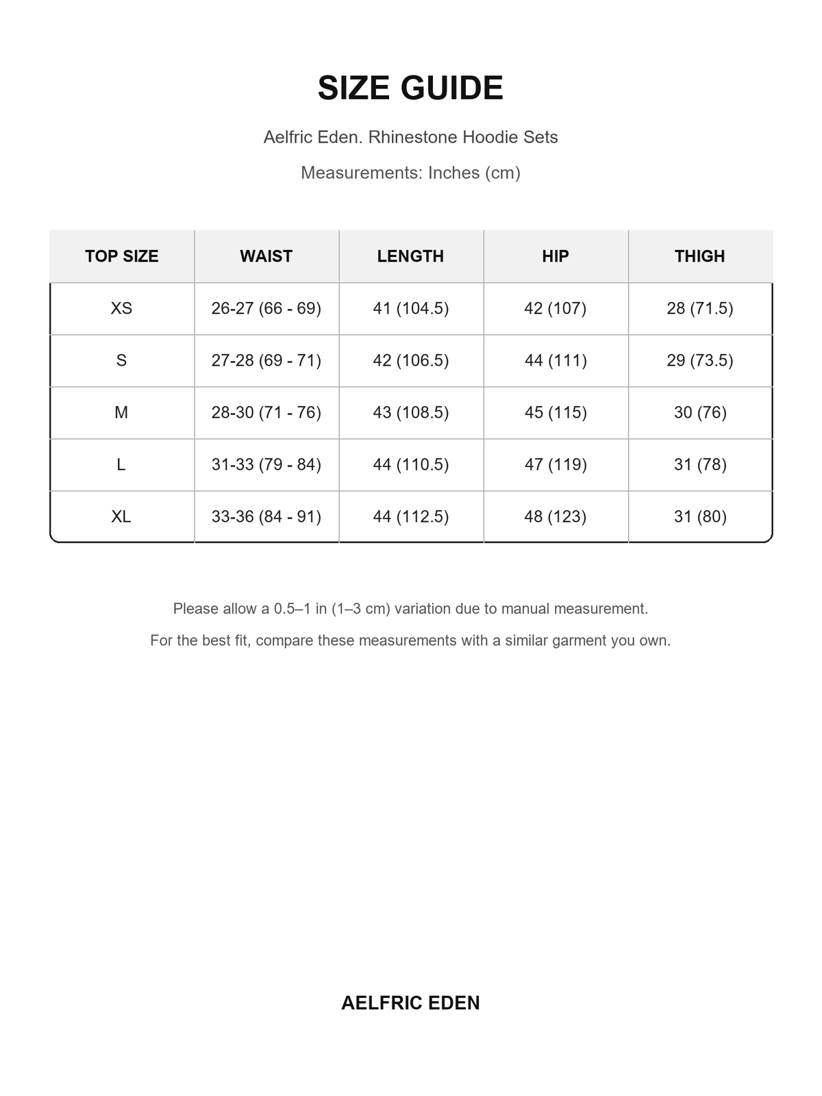 Aelfric Eden 40 size guide — Inches (cm)