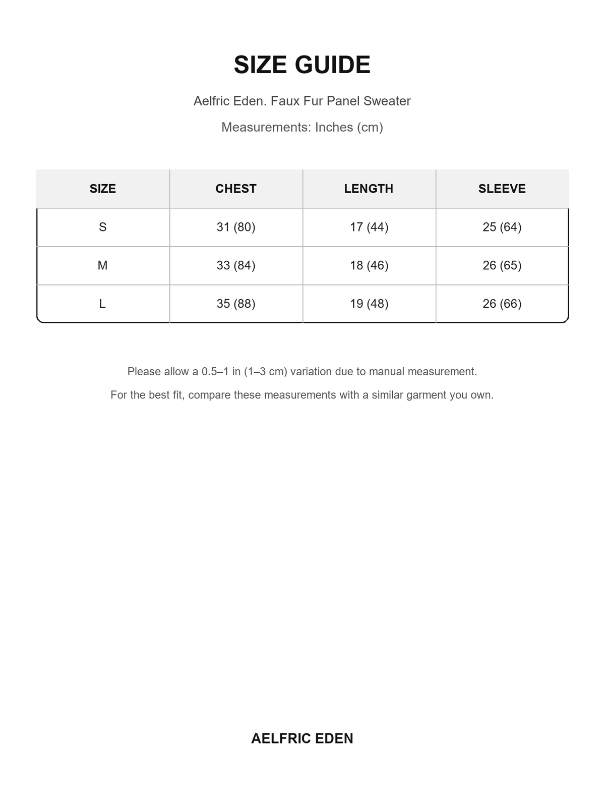 Aelfric Eden 41 size guide — Inches (cm)