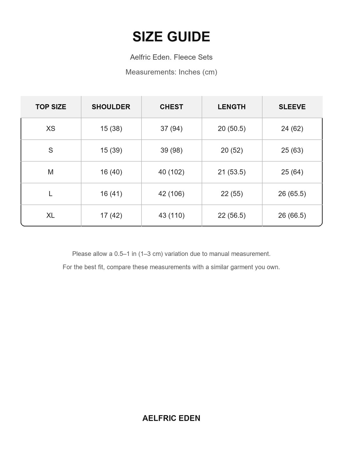 Aelfric Eden 42 size guide — Inches (cm)