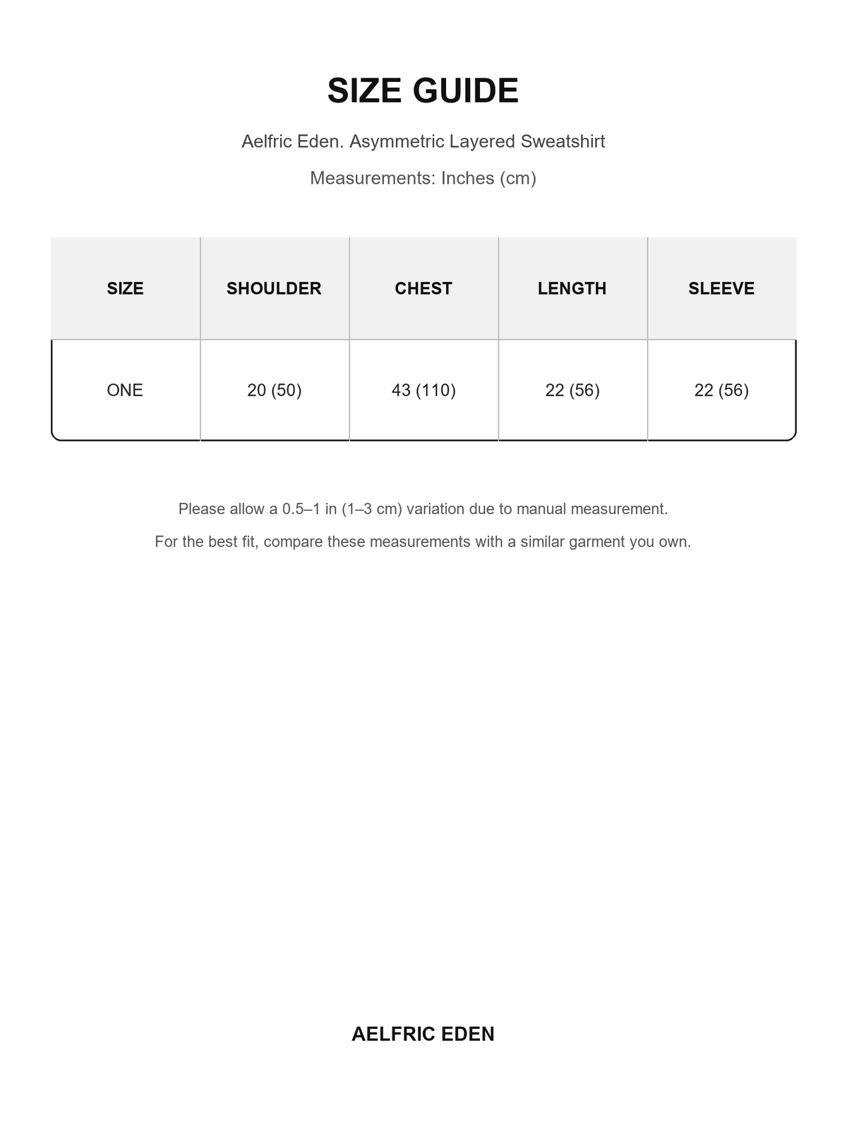Aelfric Eden 43 size guide — Inches (cm)