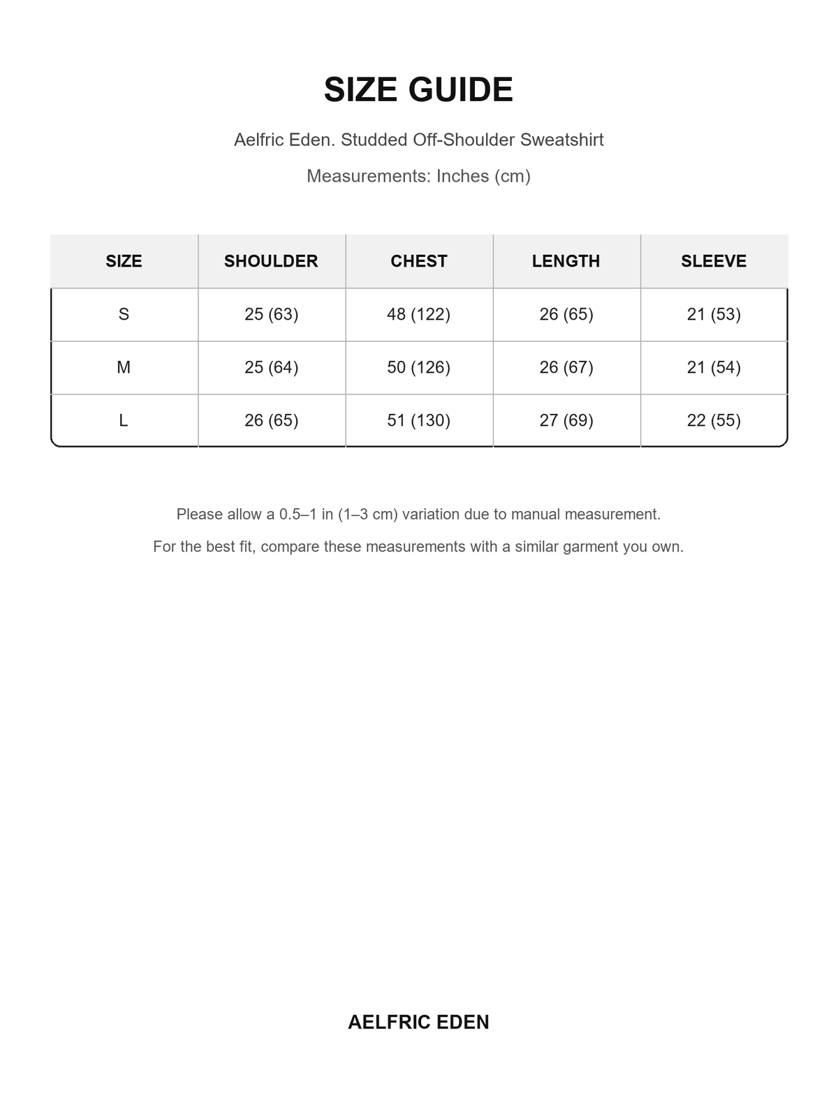 Aelfric Eden 44 size guide — Inches (cm)
