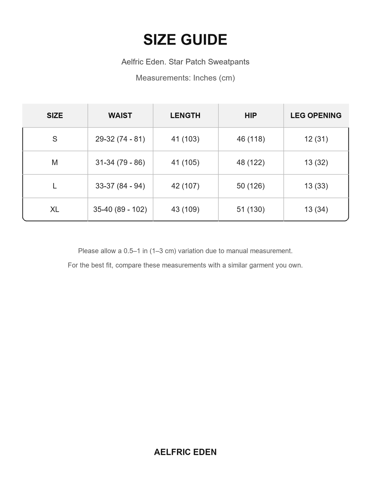 Aelfric Eden 45 size guide — Inches (cm)
